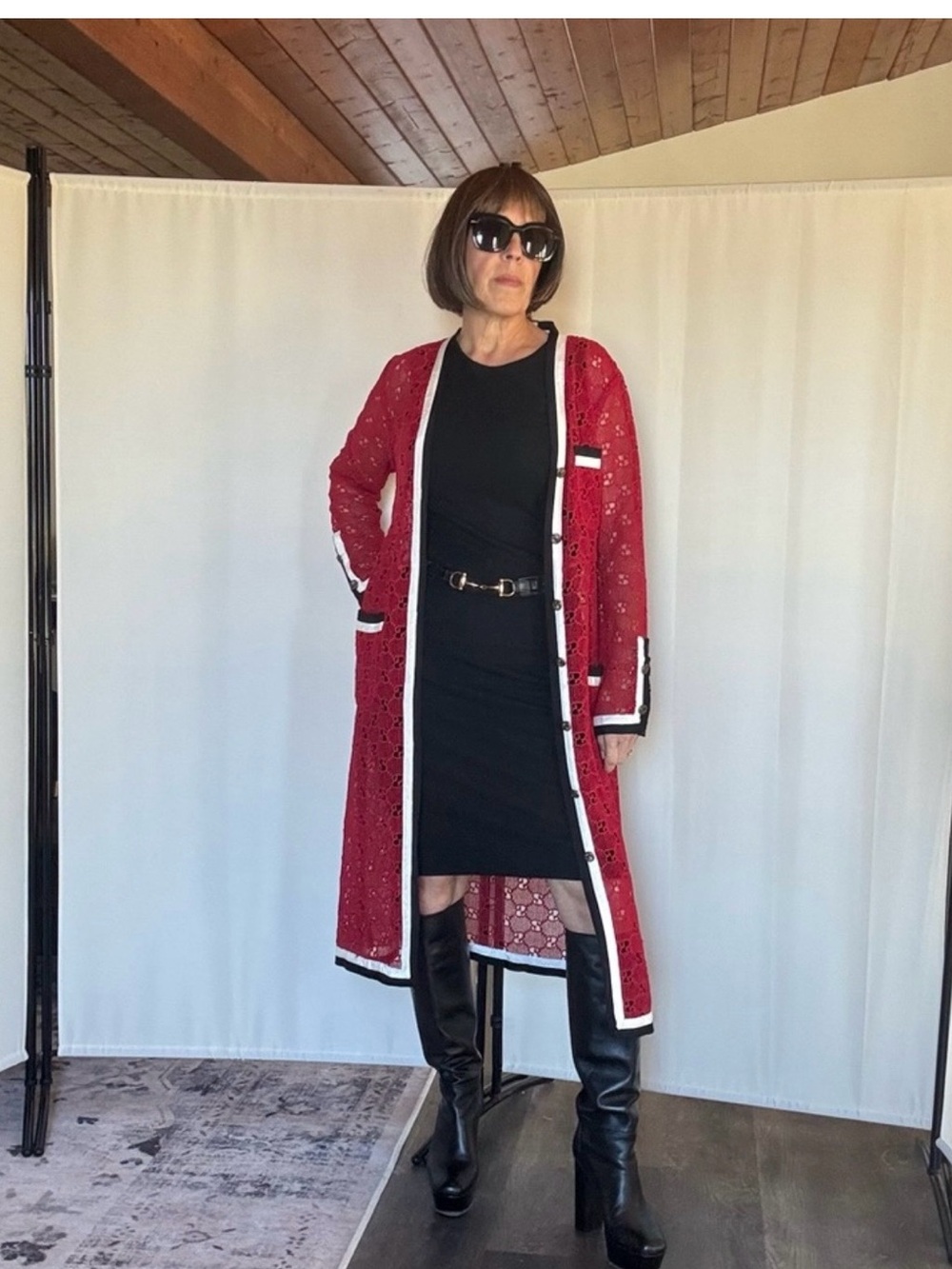 GUCCI Red Lace Cardigan with Black & White Trim Mid length.